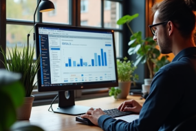 Modern web developer in Minnesota creating a responsive business website and analyzing SEO performance on a PC workstation.