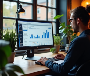 Modern web developer in Minnesota creating a responsive business website and analyzing SEO performance on a PC workstation.