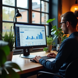 Modern web developer in Minnesota creating a responsive business website and analyzing SEO performance on a PC workstation.