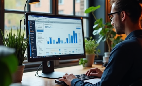 Modern web developer in Minnesota creating a responsive business website and analyzing SEO performance on a PC workstation.