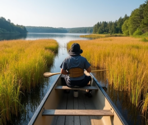 Wild rice harvesting on a northern Minnesota lake in Itasca County.