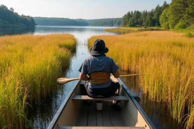 Wild rice harvesting on a northern Minnesota lake in Itasca County.
