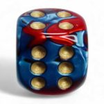 Six-sided dice in teal, red and gold.
