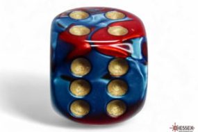Six-sided dice in teal, red and gold.