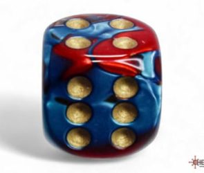 Six-sided dice in teal, red and gold.