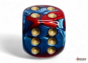 Six-sided dice in teal, red and gold.